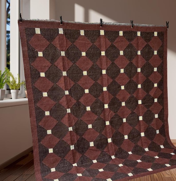 Handwoven Wool Jute Kilim Dhurrie Rug, Geometric Indian Flatweave Runner, 8x10 Wool Kilim Rug for Living Room