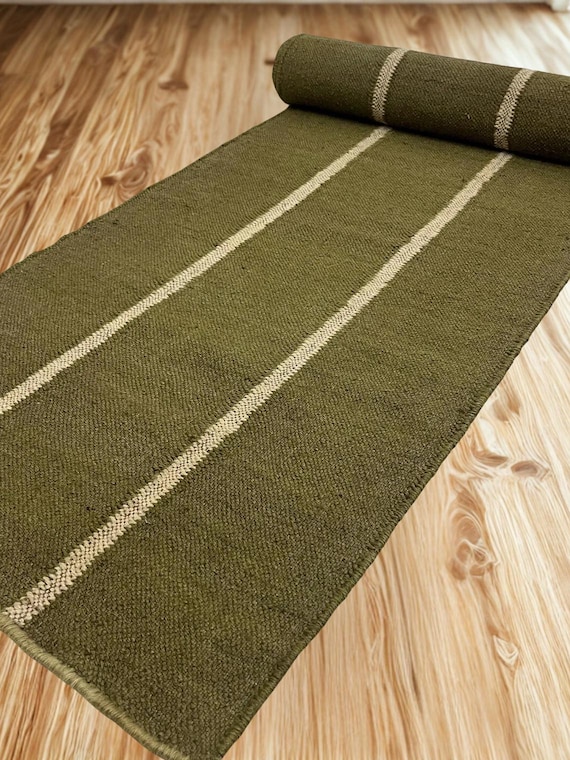 Handwoven Jute Kilim Runner – Olive Green Striped Staircase Rug, Eco-Friendly Boho Style
