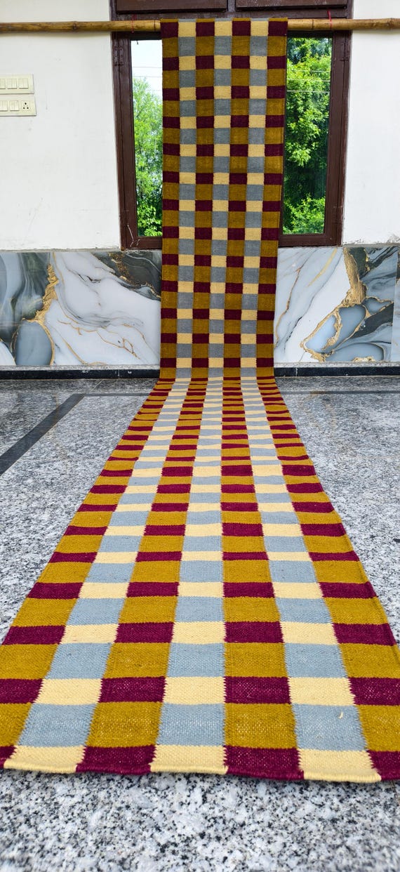 Handwoven Checkered Hallway Runner Rug, Modern Geometric Wool Jute Floor Mat, Maroon Gold Grey Check Long Stair Runner, Minimalist Area Rug