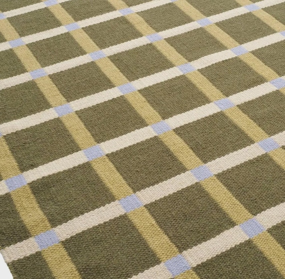 Handwoven Olive Beige Blue Chic Wool rug. Swedish Scandinavian Modern Minimalist Design