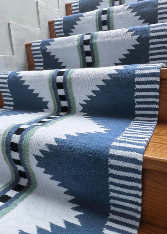 Sky Blue Wool Runner Rug for Stair | Kilim Runner Mid-Centuyry Hallway Runner | Minimalist Decor | Eco-Friendly | Custom Sizes Runner