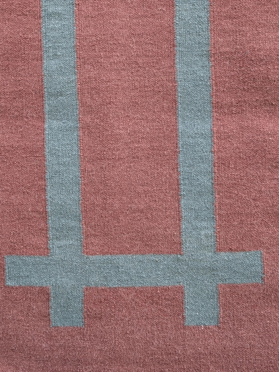 Handwoven Terracotta Kilim Rug, Modern Geometric Striped Flatweave Rug, Rust and Slate Blue Wool Area Rug, Minimalist Boho Home Decor