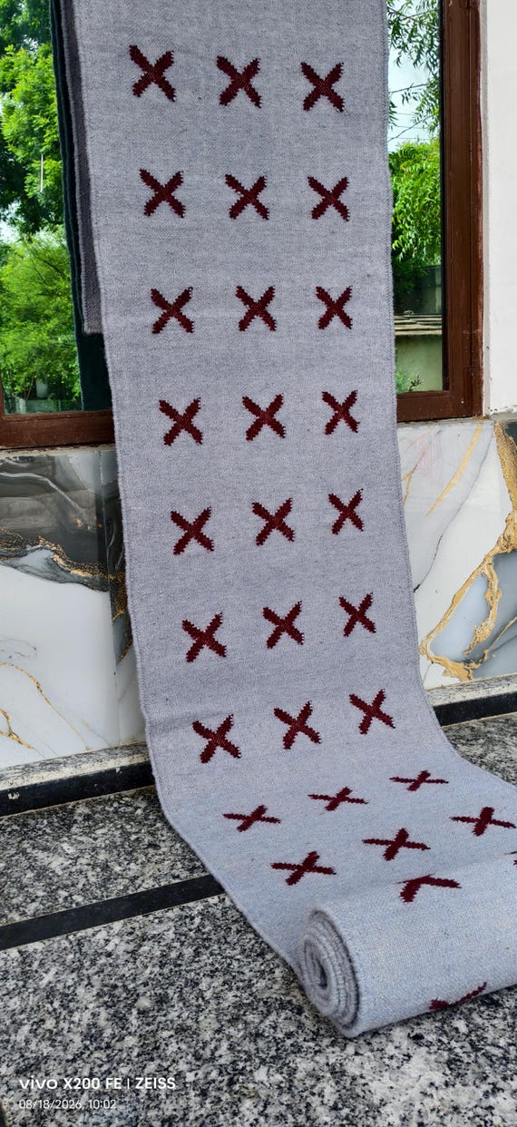 Handwoven Grey Hallway Runner Rug with Maroon Cross Embroidery, Modern Scandinavian Extra Long Runner Rug, Boho Geometric Entryway Carpet