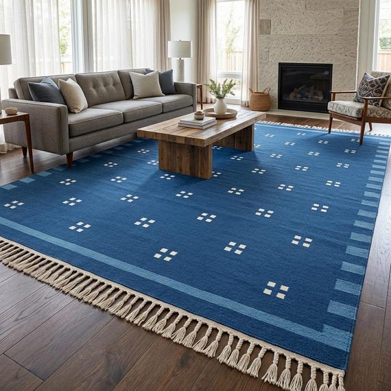 Navy Blue Dotted Wool Rug, Minimal Geometric Area Carpet, Modern Farmhouse Mid Century Accent Rug, Custom Bedroom Floor Mat, Large Wool Rugs