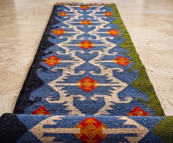 Handmade Wool Jute Runner Rug, Blue Boho Hallway Runner, Southwestern Tribal Rug, Farmhouse Entryway Carpet, Kitchen Runner, Custom Size