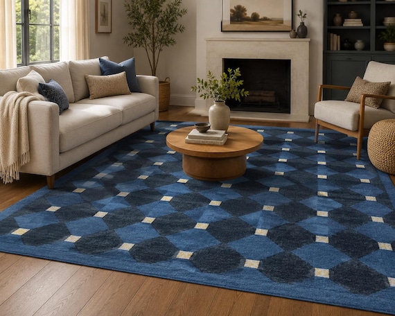 Blue Kilim Rug: Handwoven Geometric Flatweave Dhurrie, Custom Size Wool Jute Area Rug, Moroccan