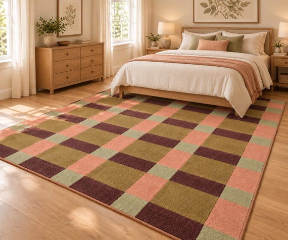 Pink Burgundy Gold Bauhaus Scandinavian Design Plaid Modern Wool Area Rug. Custom Sizes