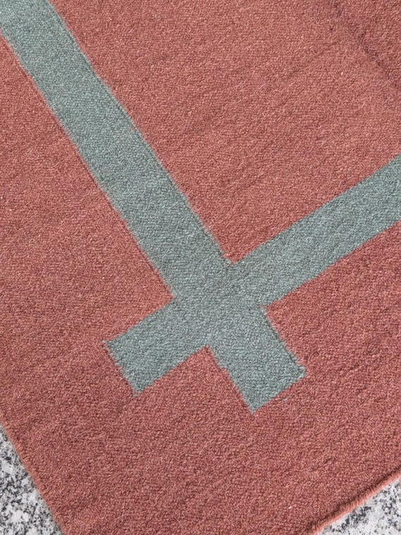 Modern Terracotta Flatweave Wool Rug, Rust Red Woven Area Rug with Sage Green Border, Earthy Boho Living Room Decor, Custom Handwoven Carpet