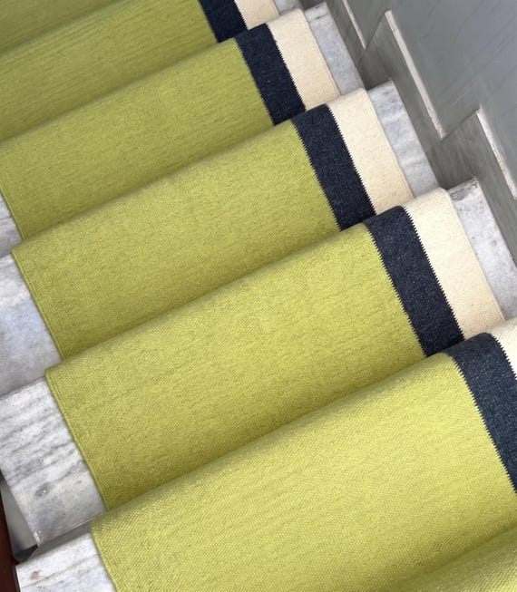 Handwoven Olive Green Stair Runner Rug, Flatweave Wool Stair Mat with Navy Border, Modern Farmhouse Stair Treads Decor, Custom Length Runner