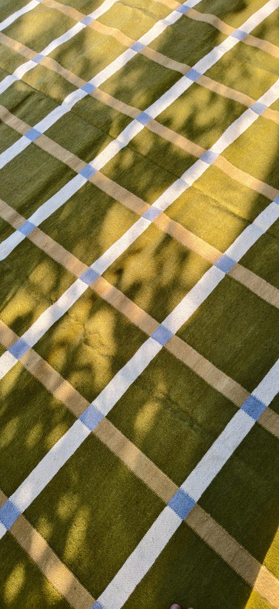 Modern Green Grid Wool Area Rug, Olive Green Plaid Flatweave Carpet, Mid-Century Modern Geometric Floor Rug, Large Living Room Accent Rug