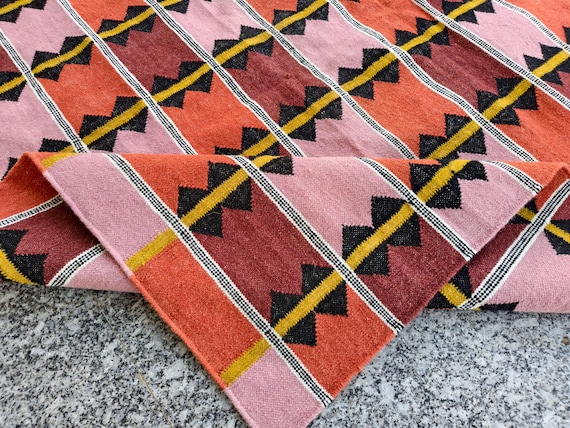 Handwoven Kilim Rug - Geometric Aztec Area Rug, Boho Pink Orange Rust Wool Carpet, Mid Century Modern Flatweave, Tribal Decorative Rug