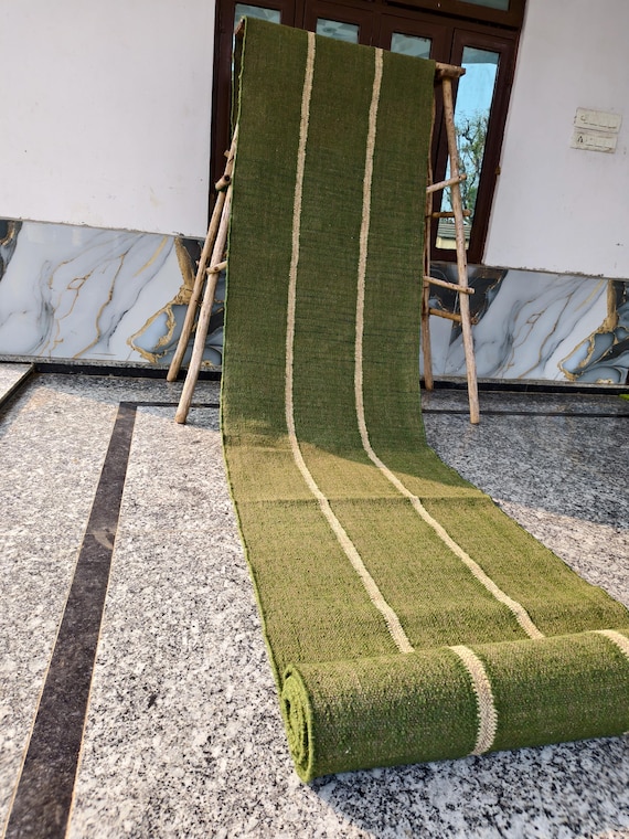 Earthy Tone Olive Green Staircase Runner Rug - Handwoven Jute Kilim, Striped & Eco-Friendly, Ideal for Entryway, Hallway, Bedside Boho-Chic