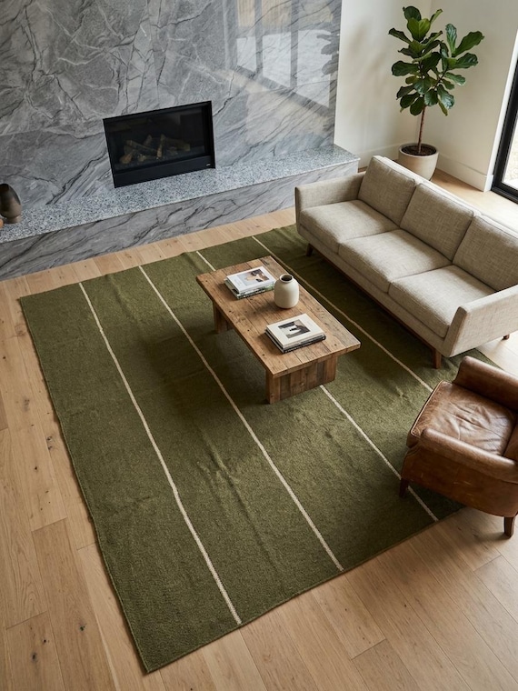 Olive Green Wool Rug, Minimalist Striped Area Rug, Earthy Tone Neutral Carpet, Modern Farmhouse Boho Rug, Handwoven Living Room Rug