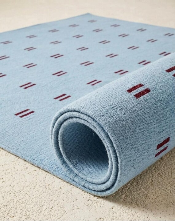 Handwoven Scandinavian Cross Wool Rug Blue Burgundy Minimalist Nordic Geometric Flatweave Floor Covering