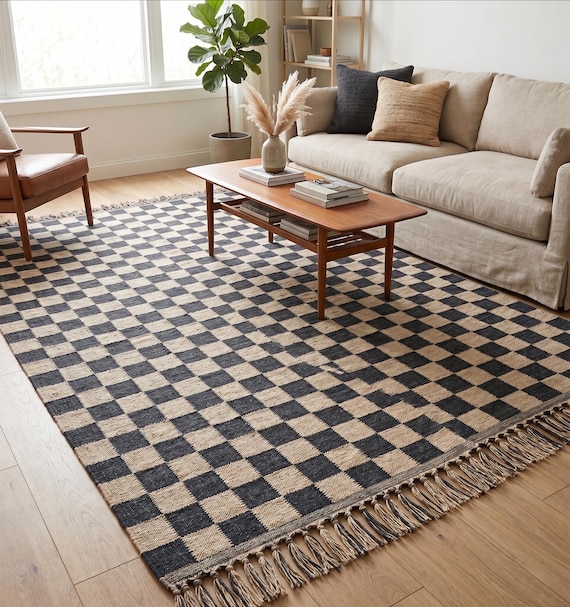 Handmade Checker Rug, Checkered Kilim Rug, Custom Size Jute Runner, Home Decor Area Rug, Eco-Friendly Decorative Rug