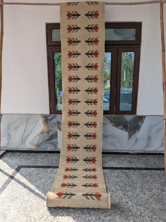 Floral Kilim Runner for Hallway/Stairway | Autumn Minimalist Pattern Runner | Handmade Hallway Geometric Runner | Summer Jute Wool Runner