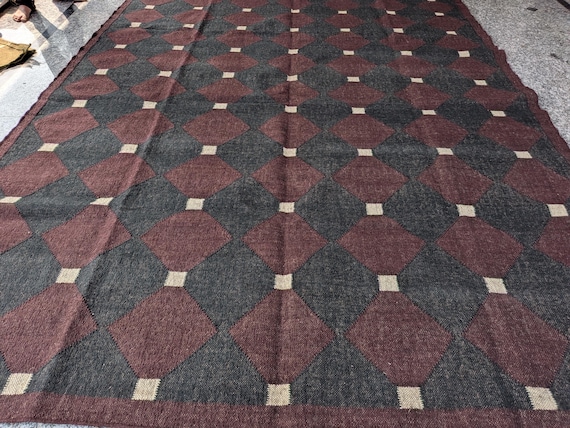Handwoven Wool Jute Kilim Dhurrie Rug, Geometric Indian Flatweave Runner, 8x10 Wool Kilim Rug for Living Room