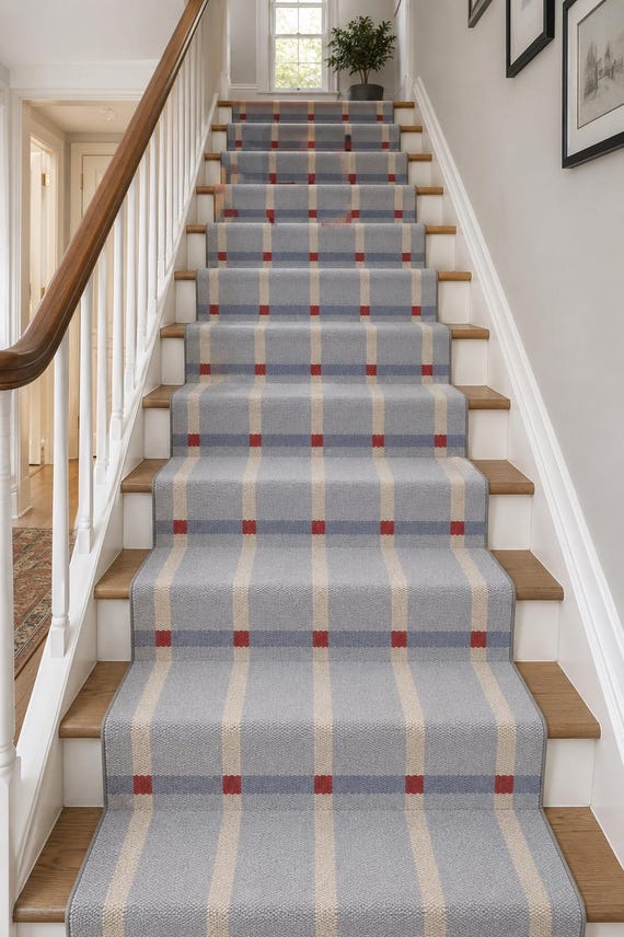 Handwoven Wool Checkered Area Rug | Blue Beige Red Grid Pattern Carpet | Wool Minimalist Rug for Living Room | Wool Stair Runner