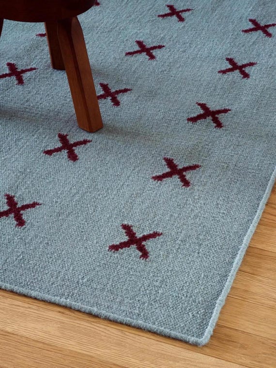 Scandinavian Handwoven Blue Burgundy Cross. Minimalist Geometric Wool Rug Nordic Decor