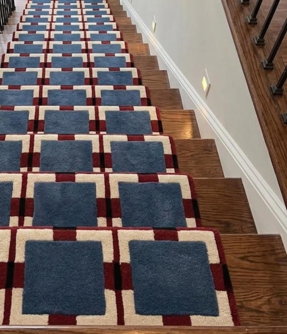 Handwoven Wool Kilim Stair Runner – Blue Square Pattern, Flatweave Modern Decor | Flatweave Modern Decor Rugs for Living Room
