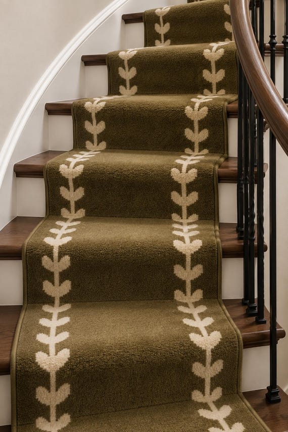 Olive Wool Runner : Modern Flatweave Stairway Hallway Runner - Scandinavian Japandi Minimalist - Mid-Century Rug