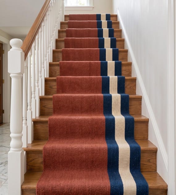 Terracotta Navy Striped Wool Jute Stair Runner, Handwoven Flatweave Carpet