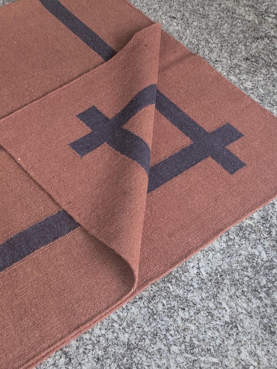 Handwoven Terracotta & Navy Blue Flatweave Dhurrie Rug | Modern Rustic Wool  Rug | Earthy Minimalist Floor Carpet | Custom Living Room Decor