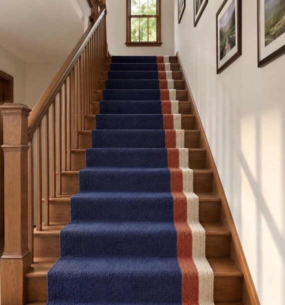 Handwoven Wool Kilim Runner, Navy Blue Terracotta Cream Color Block Dhurrie, Minimalist Hallway Entryway Runner