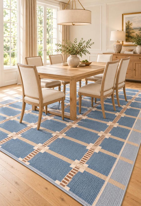 Handwoven Blue, Gray and Beige Rollakan | Wool Rug: Sjöbris Scandinavian Modern Minimalist Design.