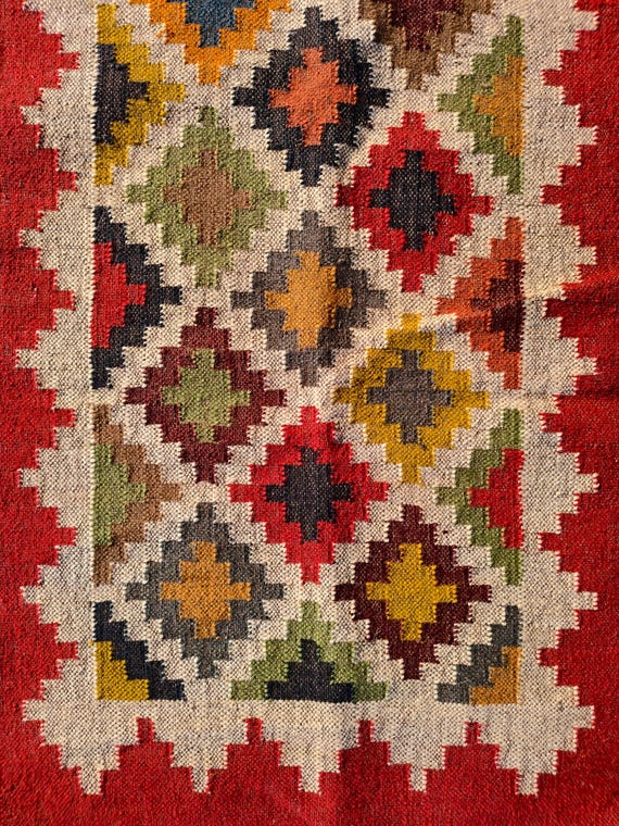 Multicolor Kilim Stair Runner | Vintage Aztac Motif Style  Handmade Turkish Stair Decor | Geometric Traditional Hallway, Entryway Runner