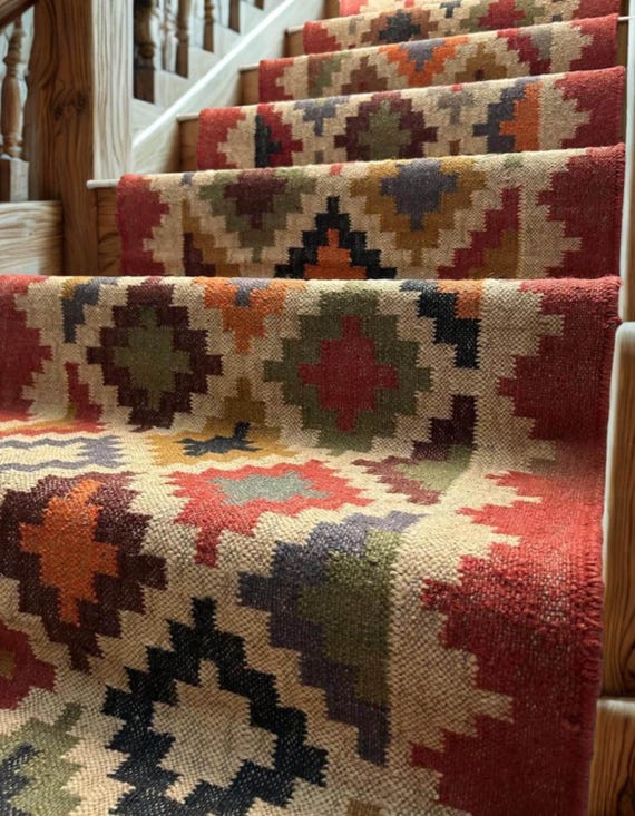 Multicolor Kilim Stair Runner | Vintage Aztac Motif Style  Handmade Turkish Stair Decor | Geometric Traditional Hallway, Entryway Runner