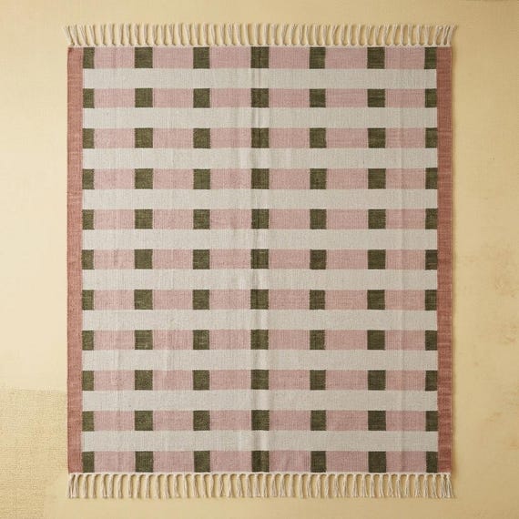 Modern Check Flatweave Dhurrie Rug, 5x7 | Handwoven Wool and Cotton Kilim | Green and Pink Geometric Runner | Moroccan Checkered Carpet