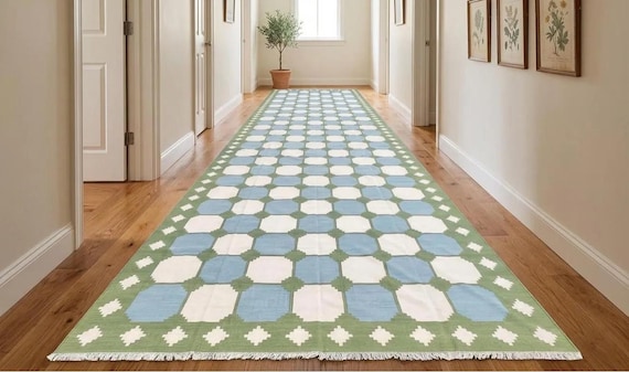 Wool Flatweave Runner Rug, Sage Green Blue Checkered Kilim, Long Hallway Runner, Modern Cottage Kitchen Rug, Moroccan Dhurrie Style Rug