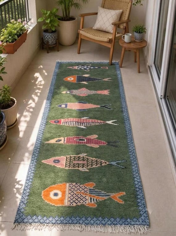 Hand-Knotted Wool Koi Fish Runner – Brown Artisan Fish Rug – Custom Sizes Available
