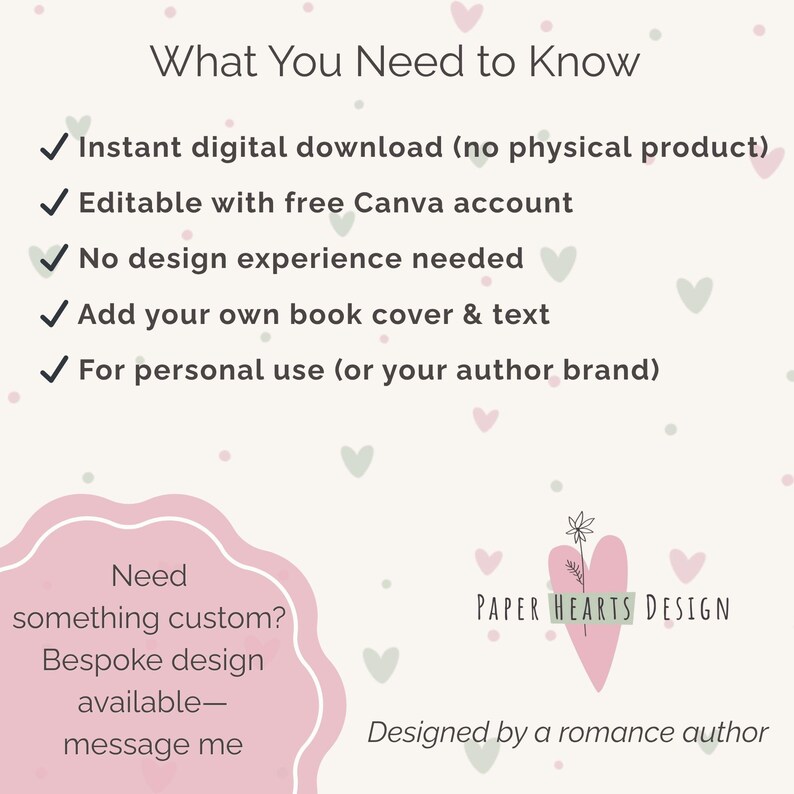 May include: A digital download graphic with the text "What You Need to Know" and bullet points detailing features like instant download, Canva compatibility, and personal use. The design includes a pink heart and the text "Paper Hearts Design."