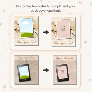 May include: Image showcasing digital book cover templates. The top section features a tablet with a landscape image, transforming into a pink tablet with the text "YOUR BOOK HERE". The bottom section shows a Kindle changing to a similar design. Text includes "Customise templates" and "Add Your Text".
