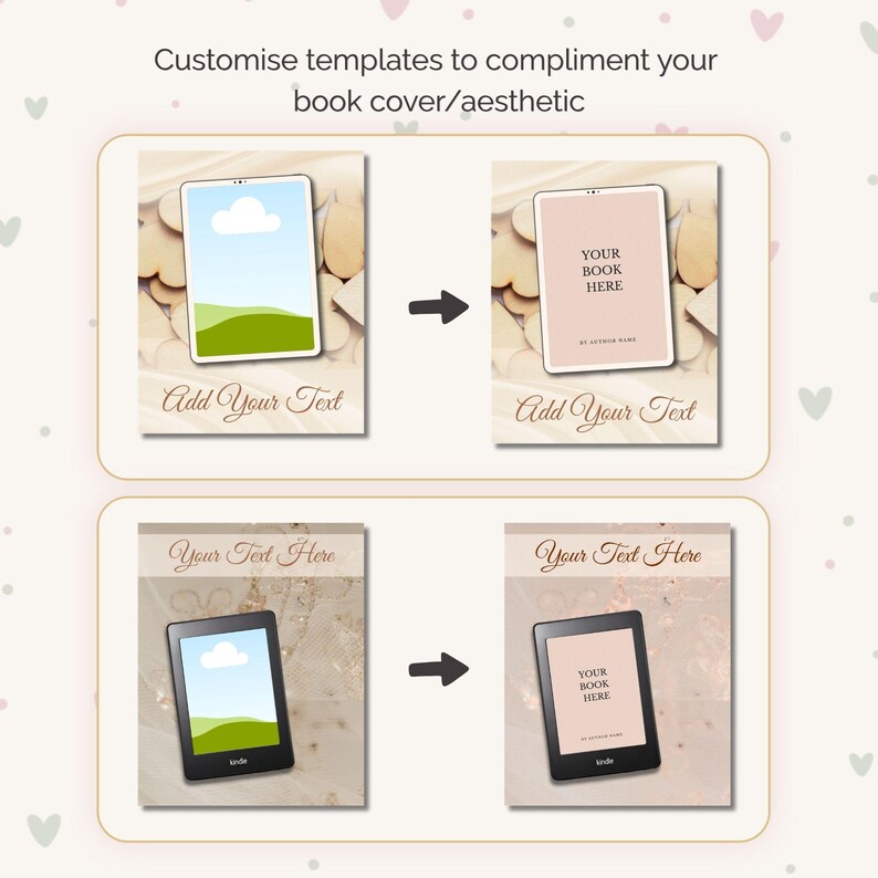 May include: Image showcasing digital book cover templates. The top section features a tablet with a landscape image, transforming into a pink tablet with the text "YOUR BOOK HERE". The bottom section shows a Kindle changing to a similar design. Text includes "Customise templates" and "Add Your Text".