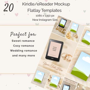 May include: A digital mockup template for Kindle eReaders. The image features a black eReader with the text "Your Book Here" and other digital devices. The text "Kindle/eReader Mockup Flatlay Templates" is also visible.