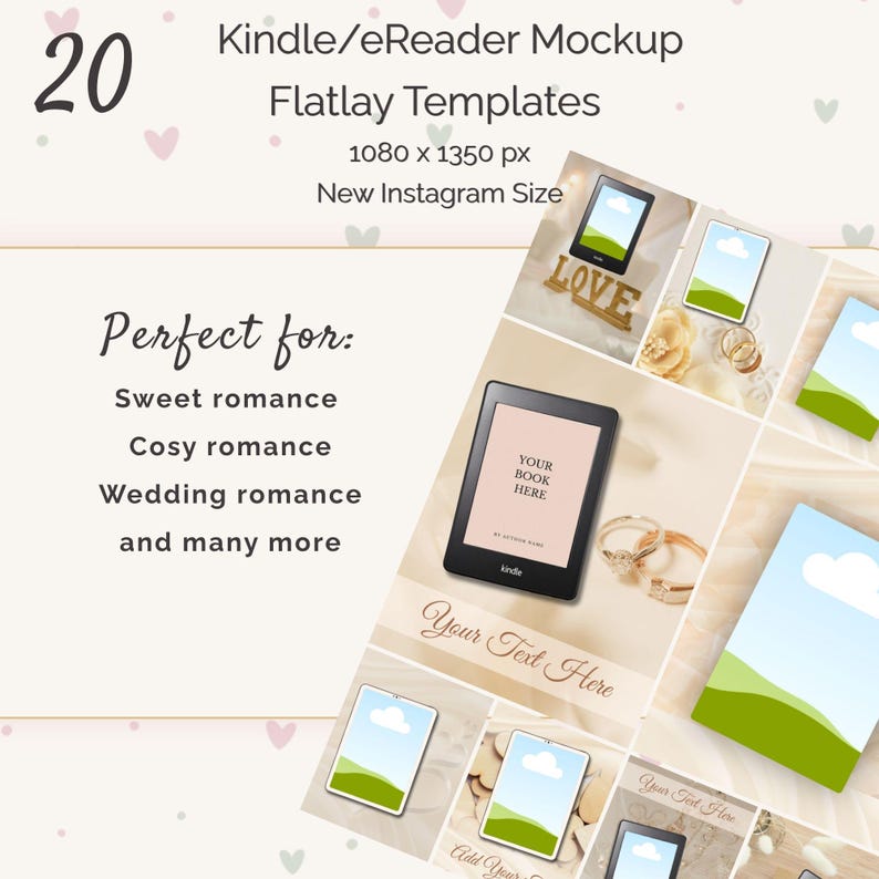 May include: A digital mockup template for Kindle eReaders. The image features a black eReader with the text "Your Book Here" and other digital devices. The text "Kindle/eReader Mockup Flatlay Templates" is also visible.