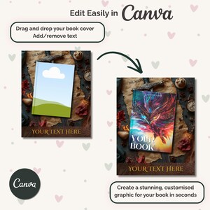 May include: An advertisement for Canva showing two book cover designs. The first cover has a blue sky and green grass design. The second cover features a colorful dragon illustration. Text includes "Edit Easily in Canva" and "Drag and drop your book cover."