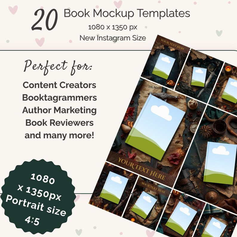 May include: An image showcasing 20 book mockup templates, ideal for content creators and book reviewers. The image includes the text "20 Book Mockup Templates" and "1080 x 1350 px". The image is a portrait size 4:5 and is the new Instagram size.