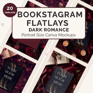 May include: A collection of dark romance-themed Bookstagram flatlay templates. The image features a variety of mockups with books, candles, and roses. Text on the image includes "BOOKSTAGRAM FLATLAYS DARK ROMANCE" and "YOUR BOOK HERE".