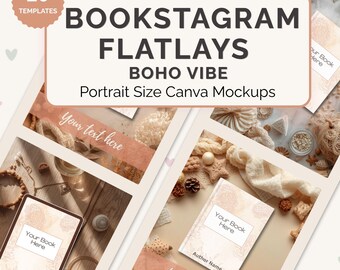 Bookstagram Flatlay Mockups Bundle, Boho Book Mockup Templates Canva, Instagram Post Mockups, Romance Author, Cozy Neutral Book Promo