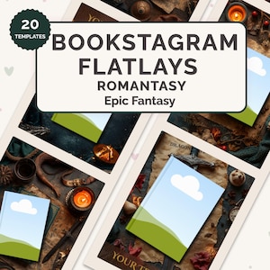 May include: A collection of 20 Bookstagram flatlay templates for Romantasy and Epic Fantasy themes. The image features a variety of props, including books, candles, and decorative items, arranged on a textured surface. The templates are designed for social media content.