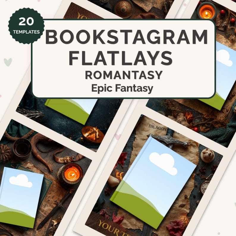 May include: A collection of 20 Bookstagram flatlay templates for Romantasy and Epic Fantasy themes. The image features a variety of props, including books, candles, and decorative items, arranged on a textured surface. The templates are designed for social media content.