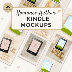 May include: A collection of Kindle mockup templates for romance authors. The image features several mockups with e-readers displaying book covers, along with decorative elements like the word "LOVE" and wedding rings. The text on the image says "Romance Author Kindle Mockups".