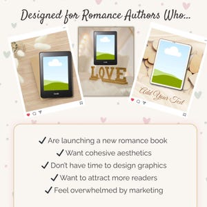 May include: An image promoting resources for romance authors. It features three digital devices displaying a landscape image with a blue sky and green hills. The text reads "Designed for Romance Authors Who..." and lists benefits like attracting readers.