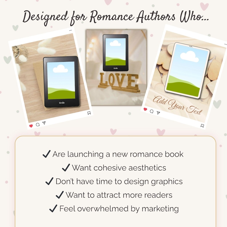 May include: An image promoting resources for romance authors. It features three digital devices displaying a landscape image with a blue sky and green hills. The text reads "Designed for Romance Authors Who..." and lists benefits like attracting readers.