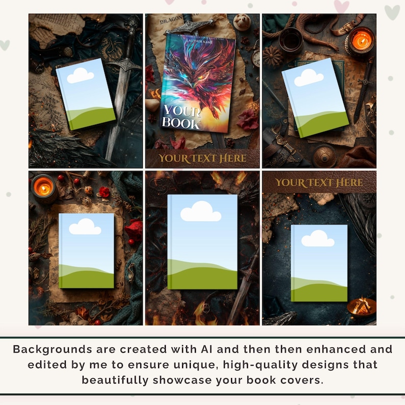 May include: A composite image showcasing six book cover mockups. Each mockup features a blank cover with a blue sky and green landscape, or a cover with a dragon illustration. The text "YOUR BOOK" and "YOUR TEXT HERE" are visible.