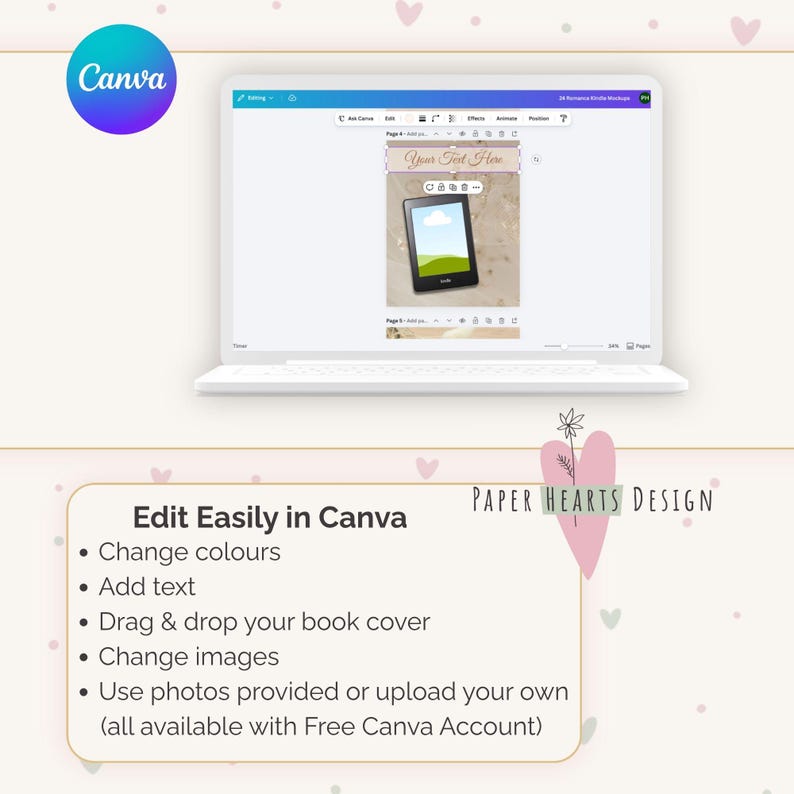 May include: A laptop screen displays a Canva interface with a book cover mockup. The image includes the Canva logo, text that says "Your Text Here", and a list of editing features. The background is a soft, neutral color with heart accents.